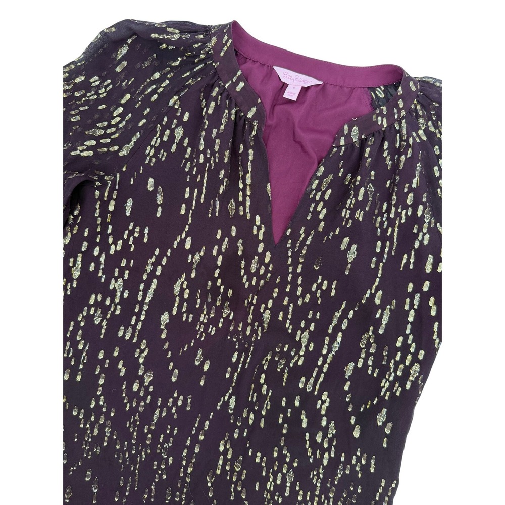 Lilly Pulitzer Purple Gold‎ Metallic Silk Blend Ruffle Cuff Shift Dress Small - Picture 3 of 10